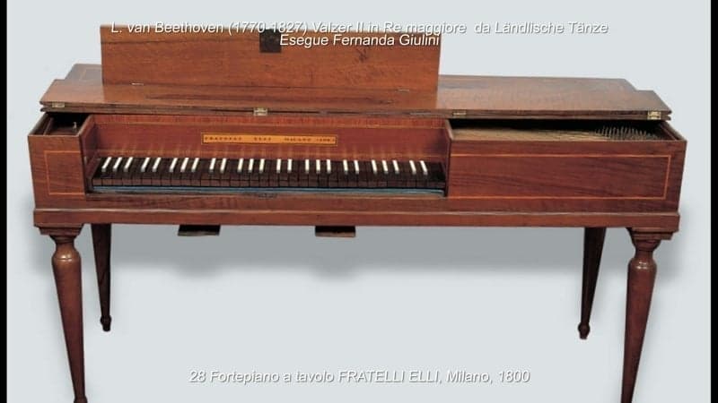 Fortepiano a tavolo Fratelli Elli, Milano, 1800 (N. 28 della collezione) Pianoforte a coda Steinway & Sons Modello B, Amburgo, 1990 (N. 38 della collezione)